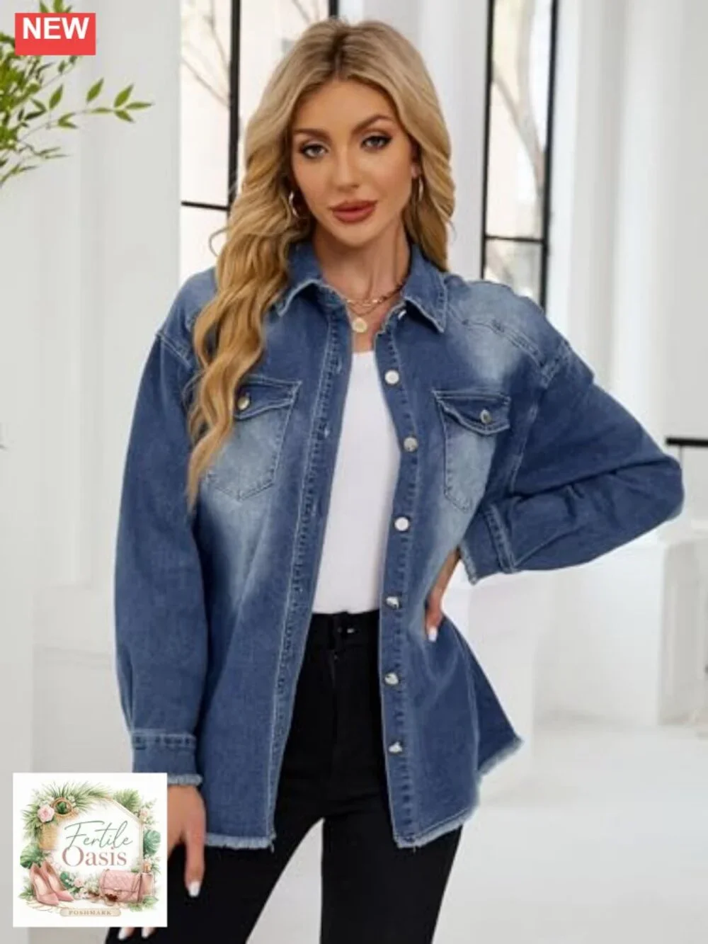 Women's Oversized Button Down Denim Jacket Shacket Long Sleeve Cotton Blend